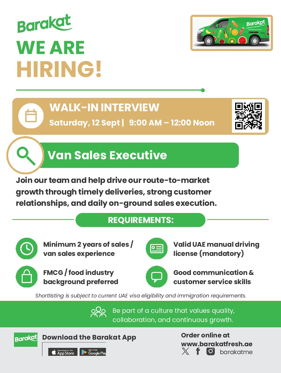π Walk-In Interview - Barakat Hiring Van Sales Executive - Walk-In Interview Flyer