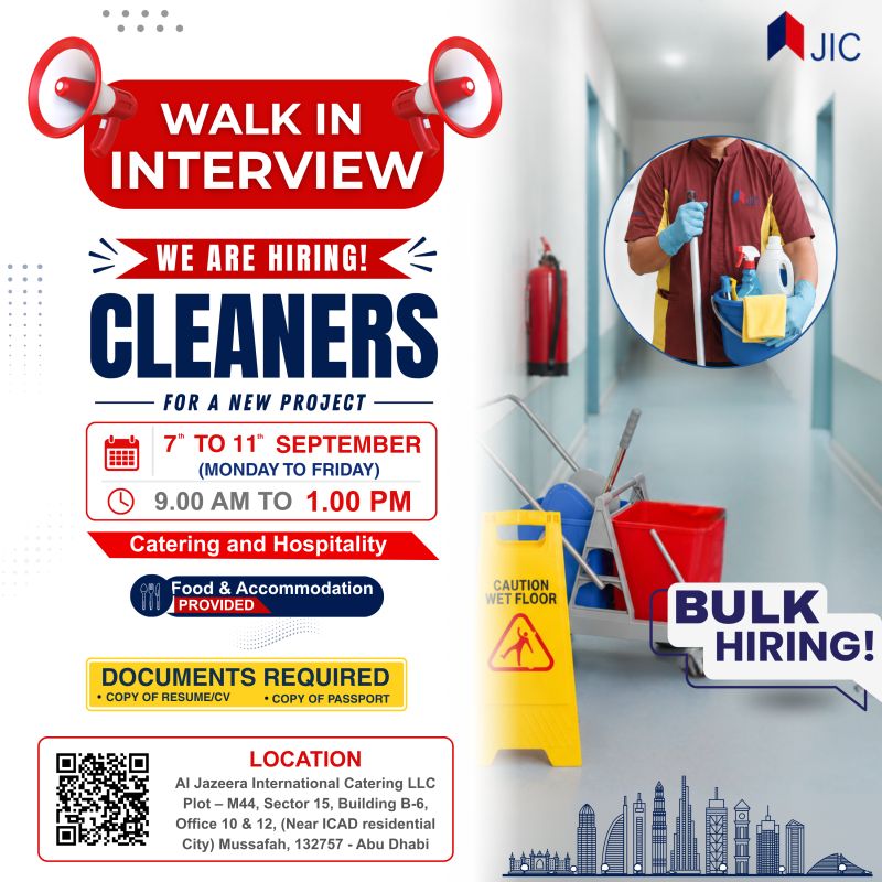 📍 Walk-In Interview - Al Jazeera International Catering Hiring Cleaners – Abu Dhabi - Walk-In Interview Flyer