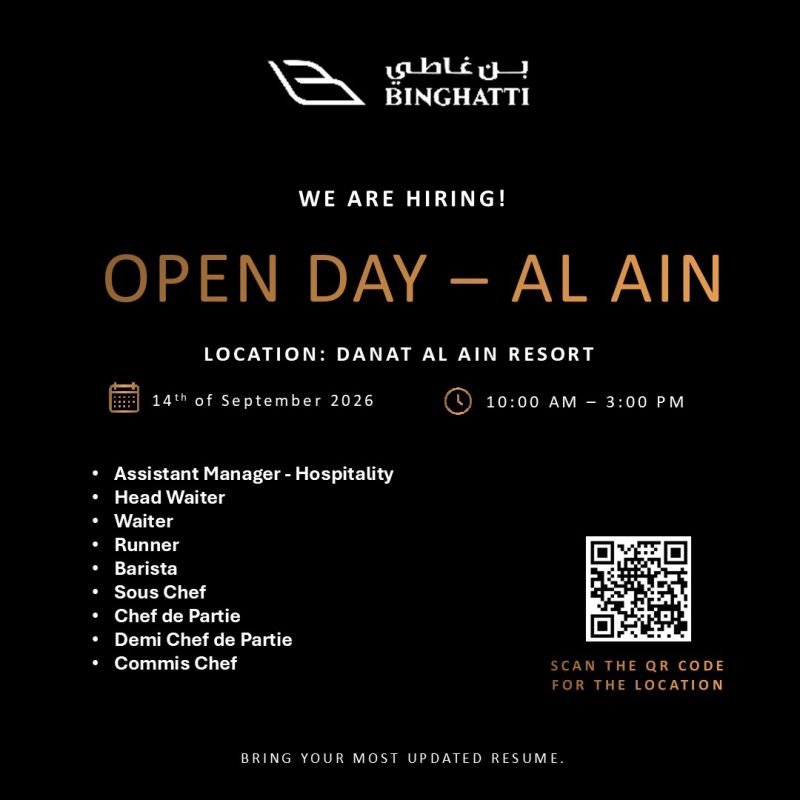π Walk-In Interview - Binghatti Hiring Hospitality Professionals β Al Ain - Walk-In Interview Flyer