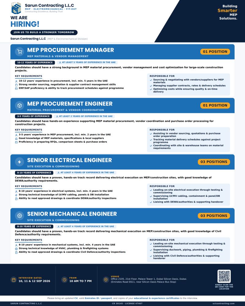 📍 Walk-In Interview - Sarun Contracting L.L.C Hiring Multiple Engineering & Management Roles – Dubai - Walk-In Interview Flyer
