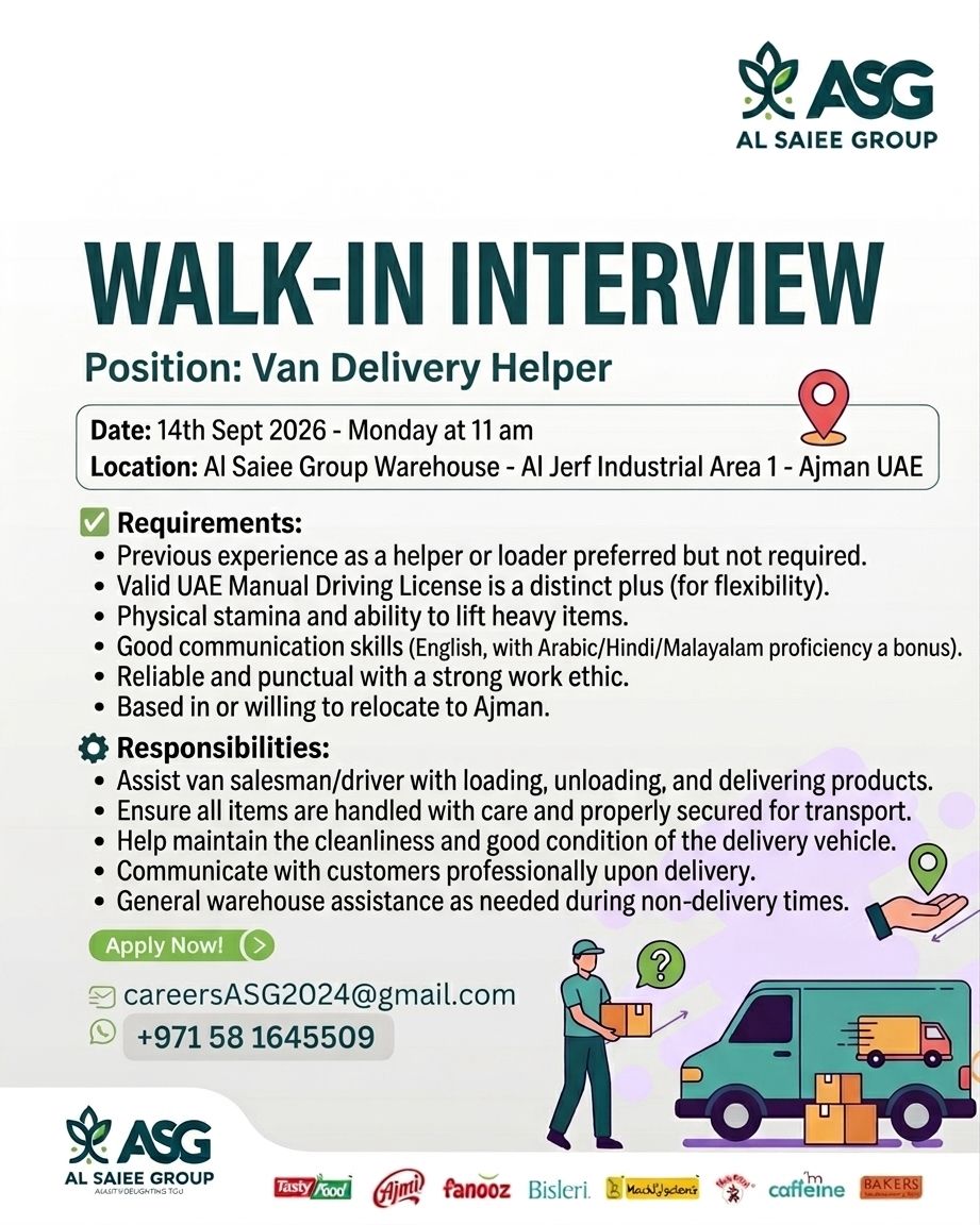 📍 Walk-In Interview - Al Saiee Group Hiring Van Delivery Helpers – Ajman - Walk-In Interview Flyer