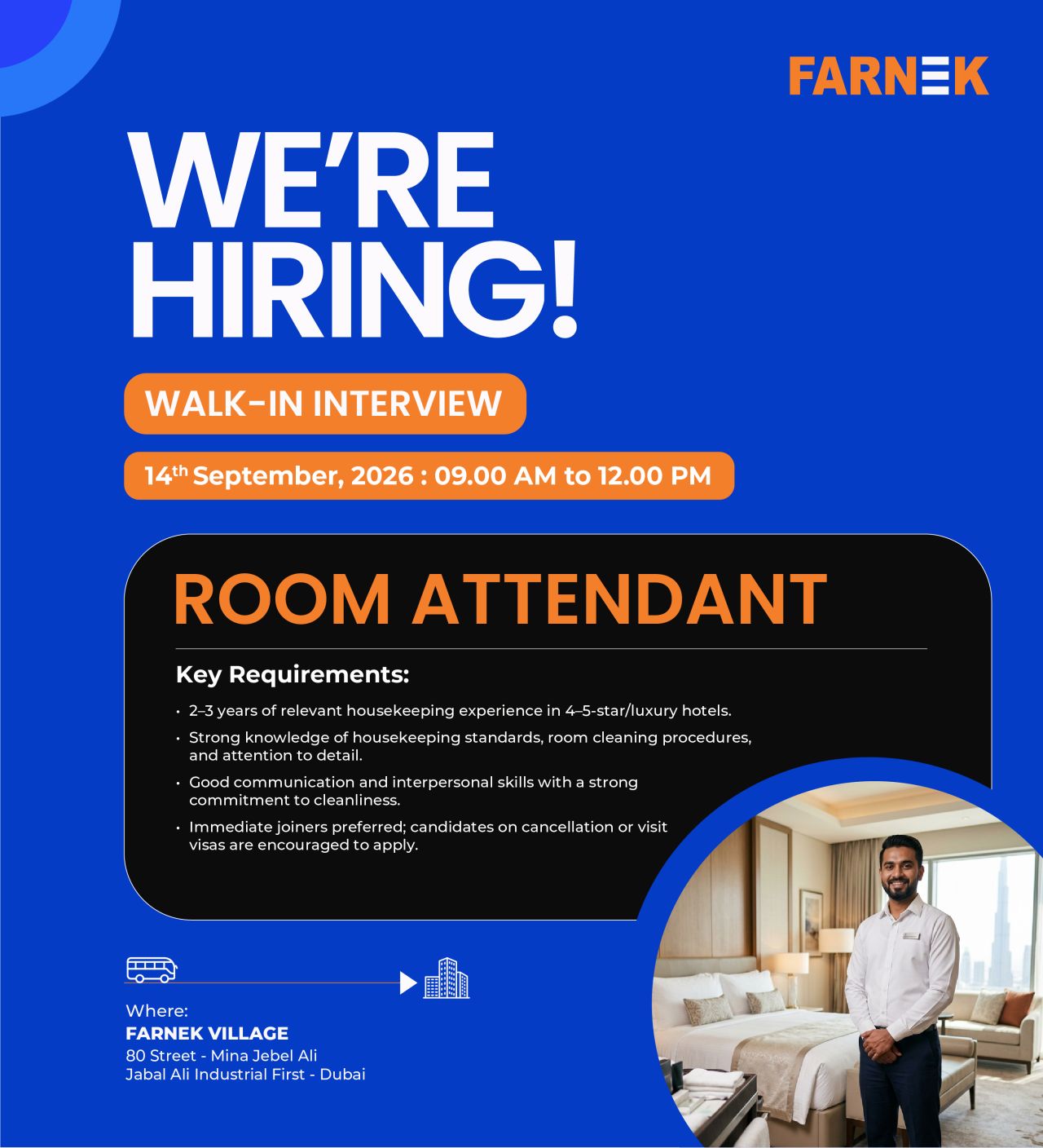 📍 Walk-In Interview - Farnek Hiring Room Attendants – Dubai - Walk-In Interview Flyer