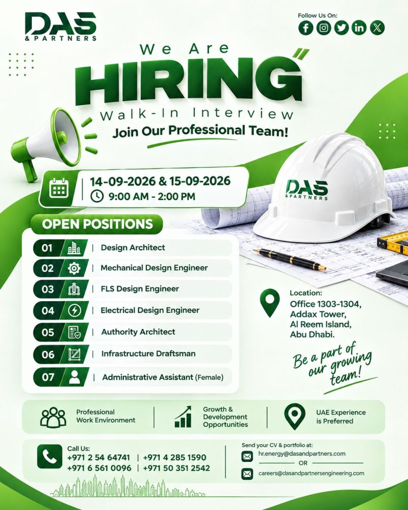 📍 Walk-In Interview - DAS & Partners Hiring Multiple Positions – Abu Dhabi - Walk-In Interview Flyer