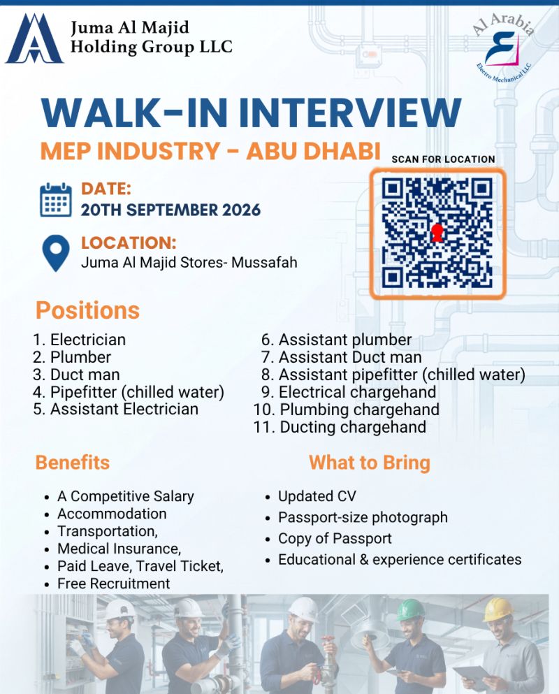📍 Walk-In Interview - Juma Al Majid Holding Group Hiring Electricians and Technicians – Abu Dhabi - Walk-In Interview Flyer
