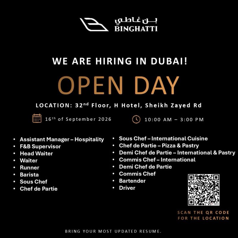 📍 Walk-In Interview - Binghatti Holding Hiring Hospitality Staff – Dubai - Walk-In Interview Flyer