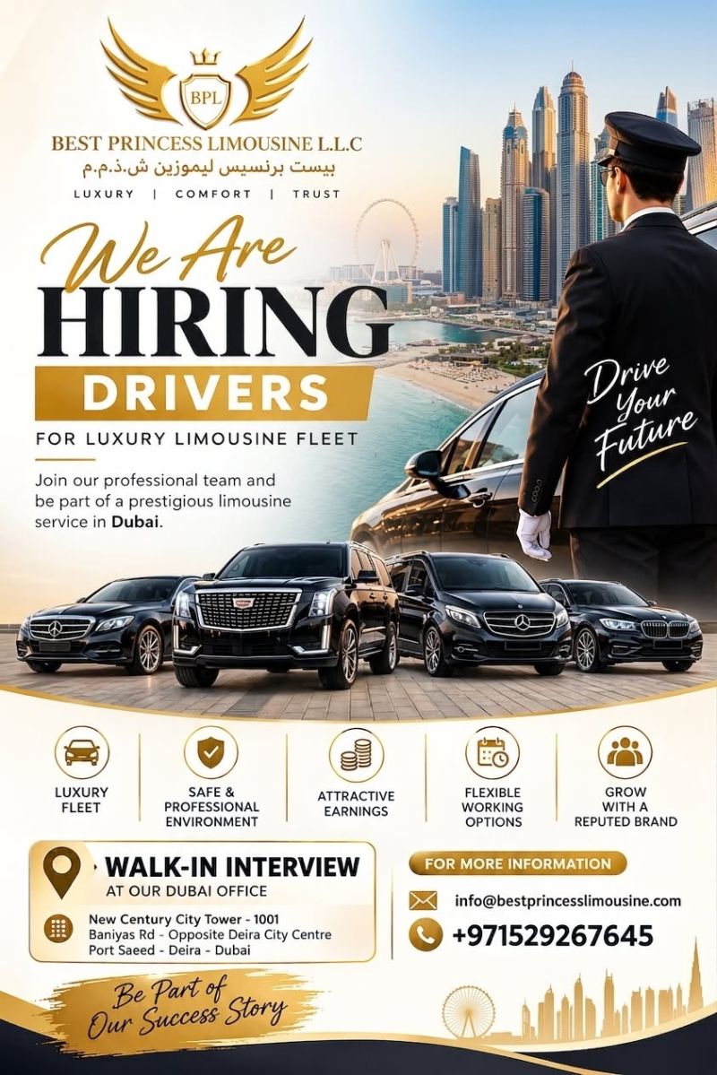 π Walk-In Interview - Best Princess Limousine Hiring Drivers β Dubai - Walk-In Interview Flyer