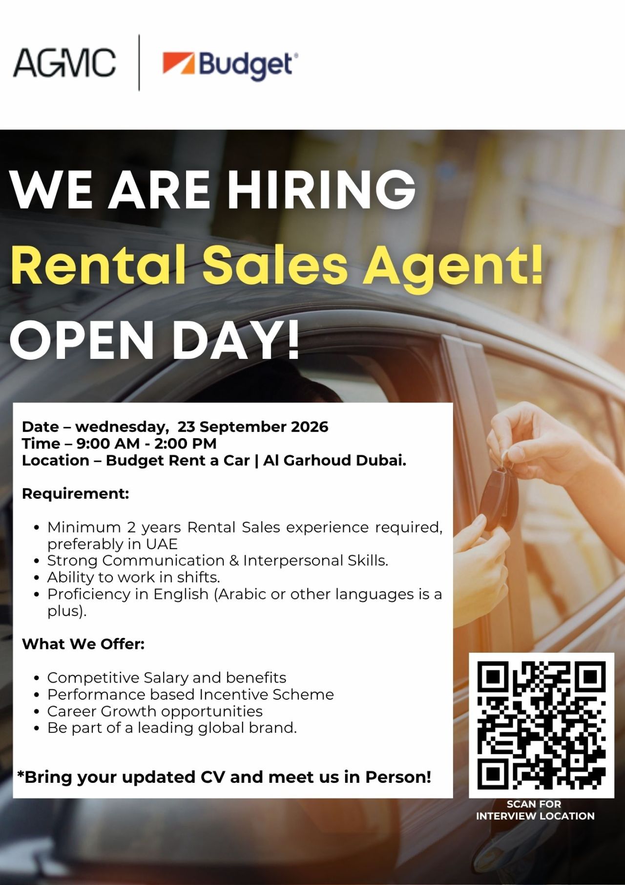 π Walk-In Interview - AGMC and Budget Hiring Rental Sales Agents β Dubai - Walk-In Interview Flyer