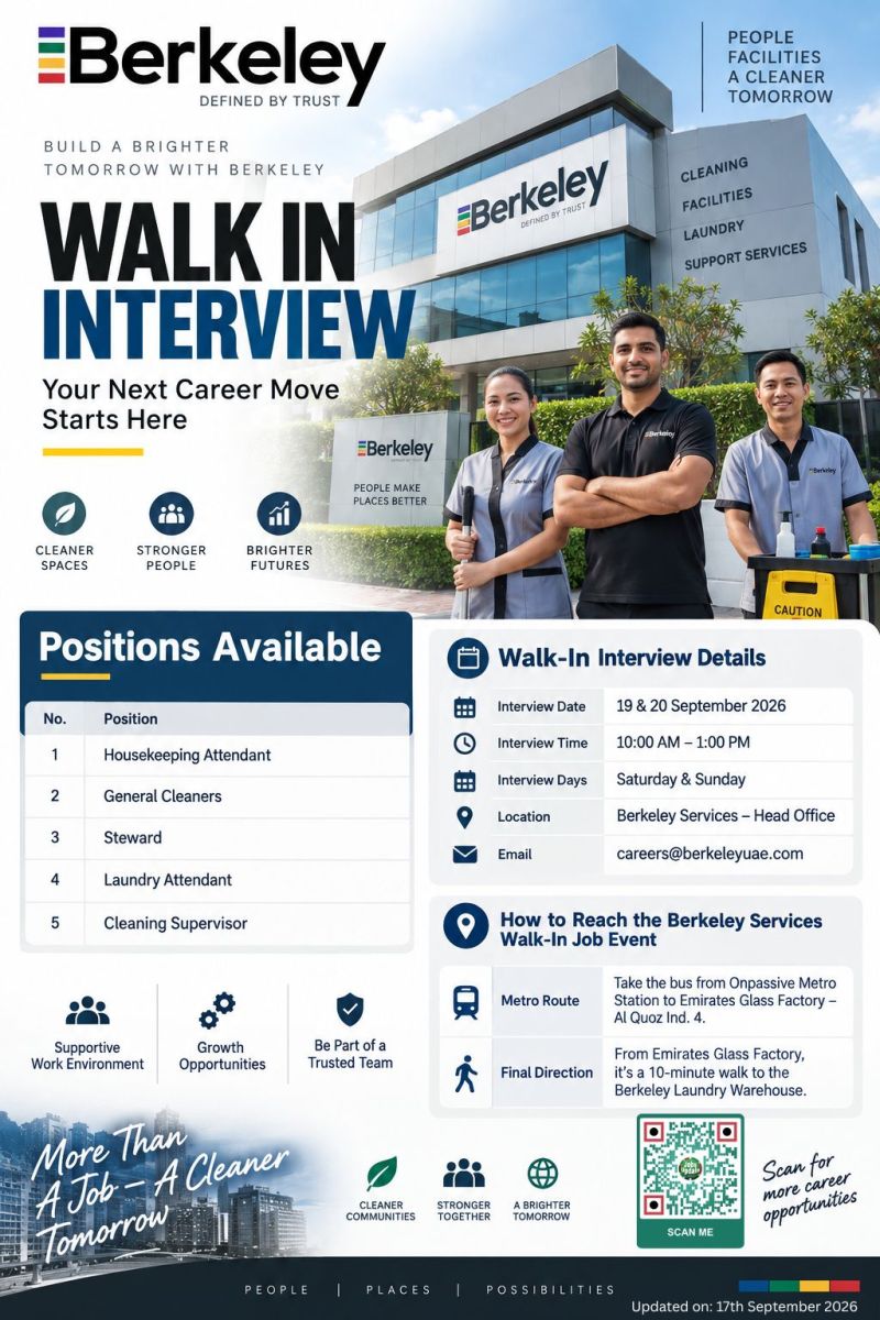 📍 Walk-In Interview - Berkeley Services Hiring Housekeeping Attendants – Dubai - Walk-In Interview Flyer