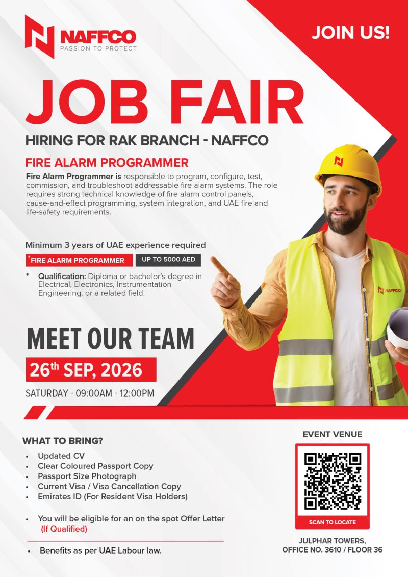 π Walk-In Interview - NAFFCO Hiring Fire Alarm Programmer β RAK - Walk-In Interview Flyer