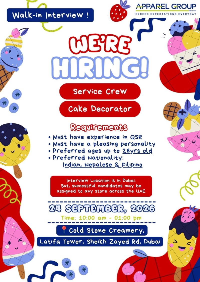 📍 Walk-In Interview - Apparel Group Hiring Service Crew and Cake Decorator – Dubai - Walk-In Interview Flyer