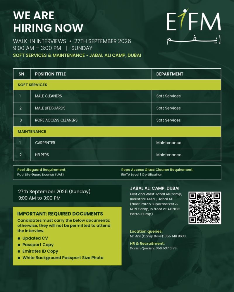 π Walk-In Interview - EIFM Hiring Multiple Positions β Dubai - Walk-In Interview Flyer
