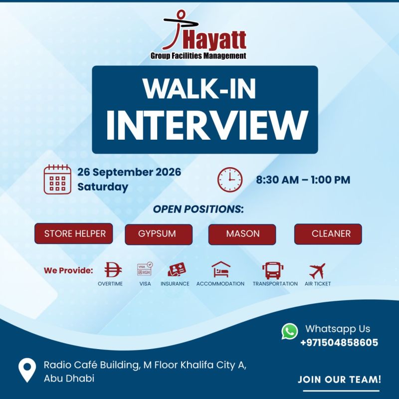 📍 Walk-In Interview - Hayatt Group Facilities Management Hiring Walk-In Interview – Abu Dhabi - Walk-In Interview Flyer