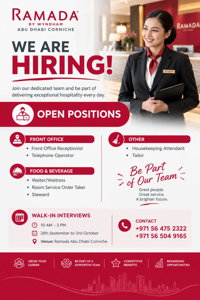 ๐ Walk-In Interview - Ramada by Wyndham Abu Dhabi Corniche Hiring Multiple Hotel Jobs - Walk-In Interview Flyer