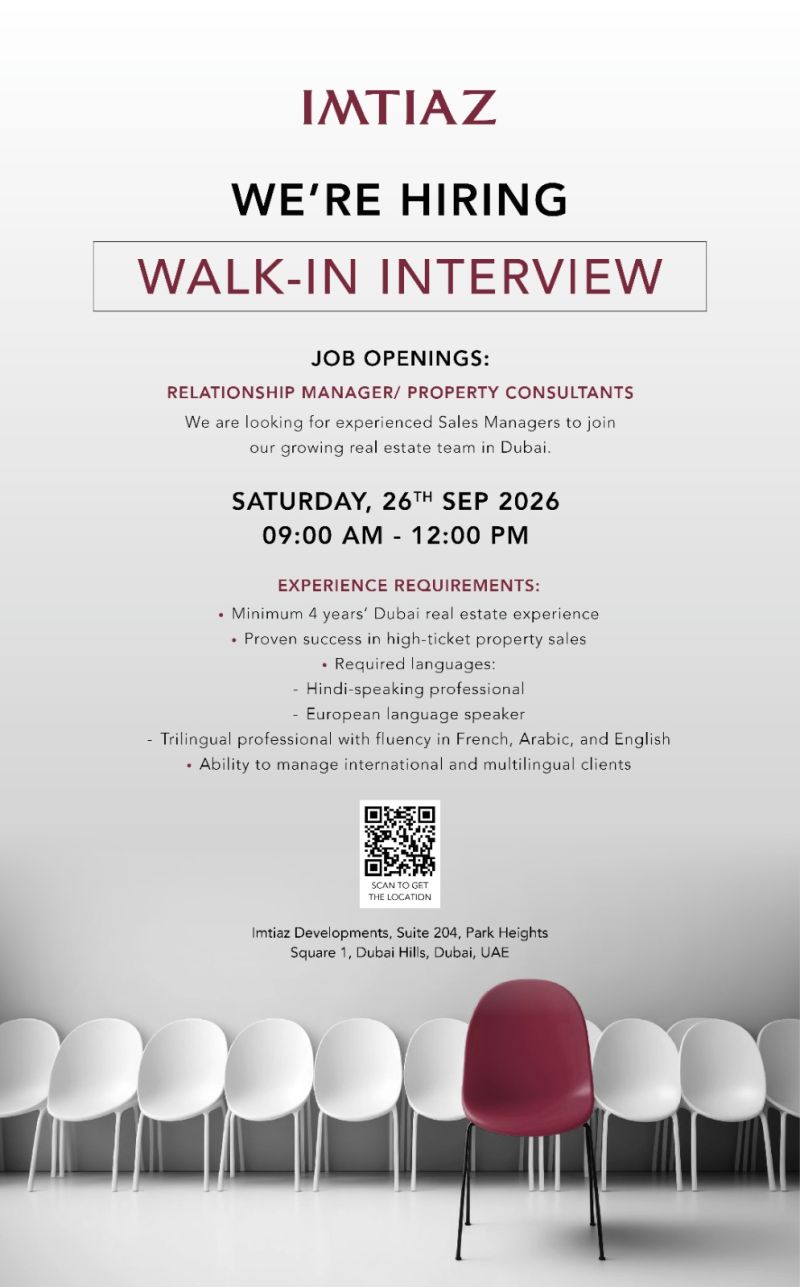π Walk-In Interview - Imtiaz Developments Hiring Relationship Managers β Dubai - Walk-In Interview Flyer