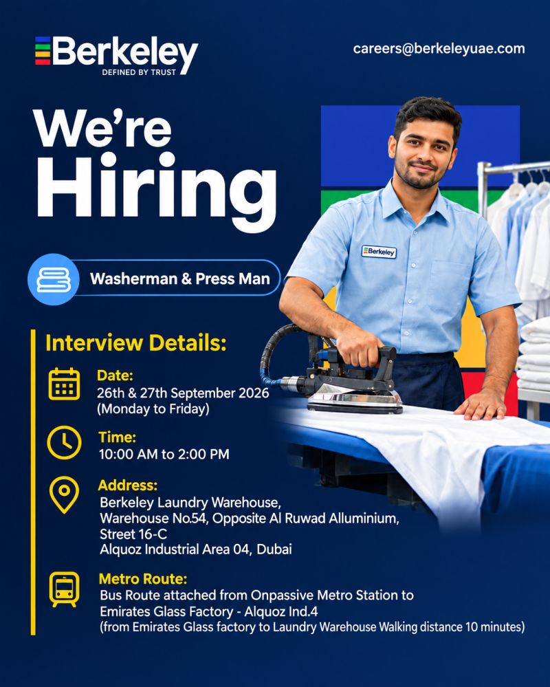 π Walk-In Interview - Berkeley Hiring Washerman & Press Man β Dubai - Walk-In Interview Flyer