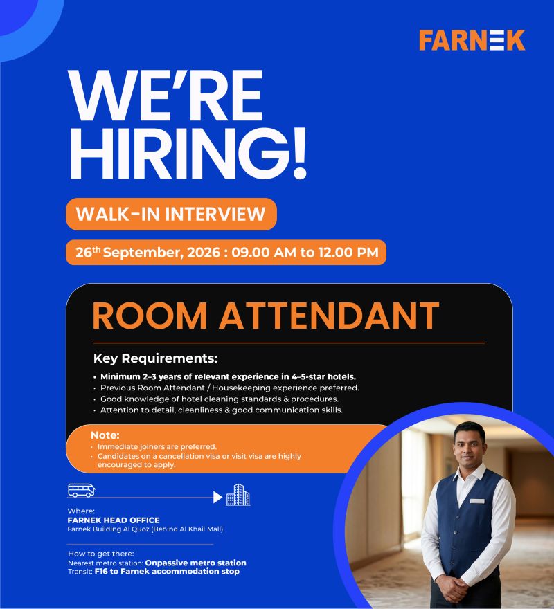 📍 Walk-In Interview - Farnek Hiring Room Attendant in Dubai - Walk-In Interview Flyer