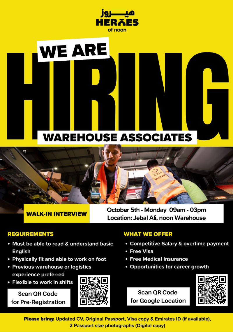 ๐ Walk-In Interview - Heroes of Noon Hiring Warehouse Associates โ Dubai - Walk-In Interview Flyer