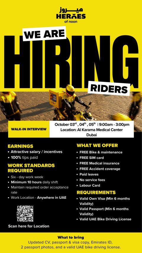 📍 Walk-In Interview - Heroes of Noon Hiring Riders – Dubai - Walk-In Interview Flyer