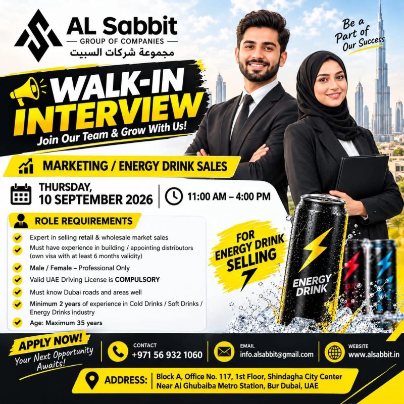 π Walk-In Interview - AL Sabbbit Group Hiring Marketing Sales Executives β Dubai - Walk-In Interview Flyer