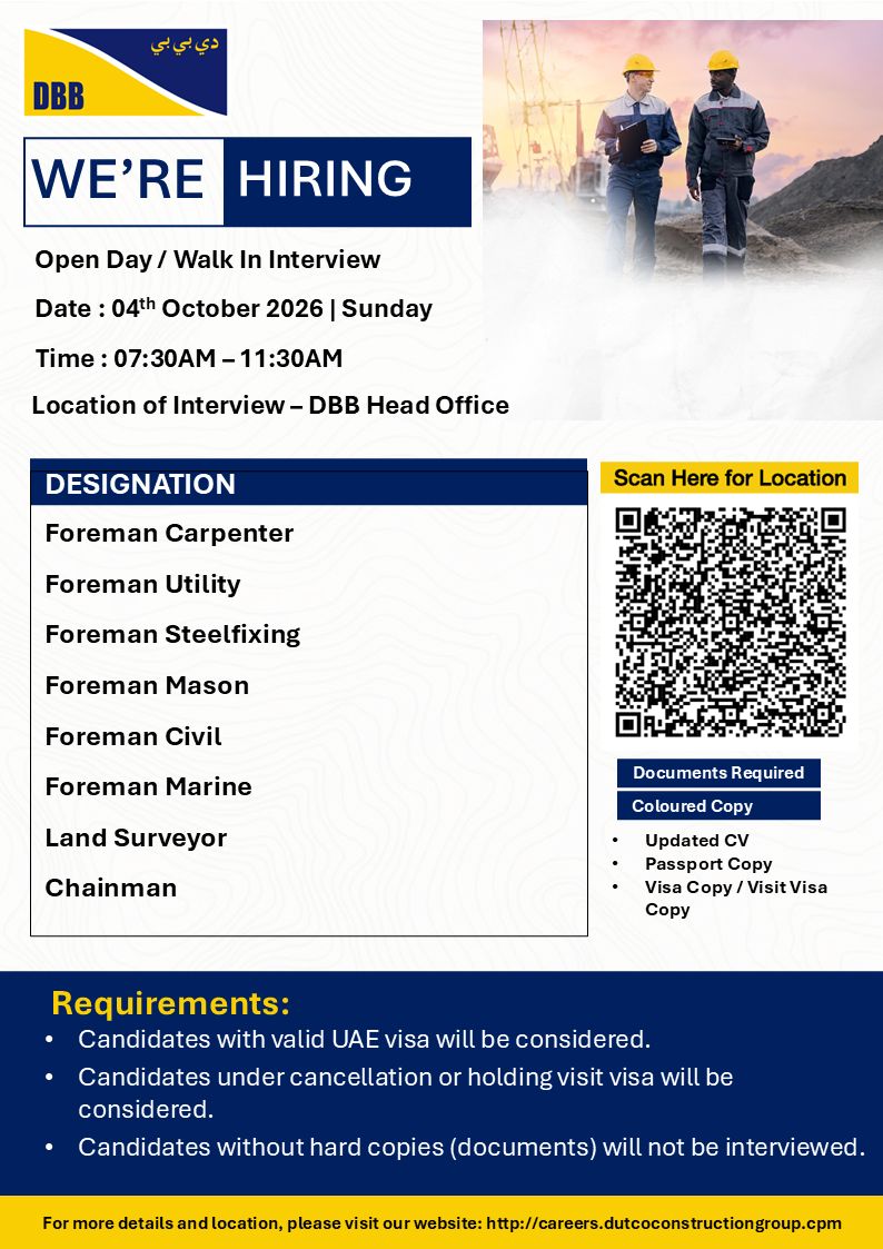 π Walk-In Interview - DBB Hiring Construction and Surveying Professionals β UAE - Walk-In Interview Flyer