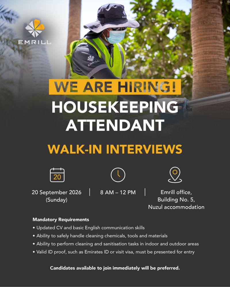 π Walk-In Interview - Emrill Hiring Housekeeping Attendants β Dubai - Walk-In Interview Flyer