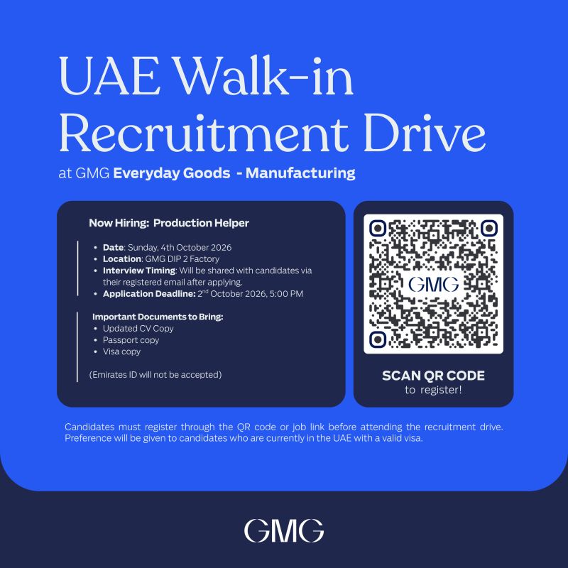 π Walk-In Interview - GMG Everyday Goods Hiring Production Helper β Dubai - Walk-In Interview Flyer