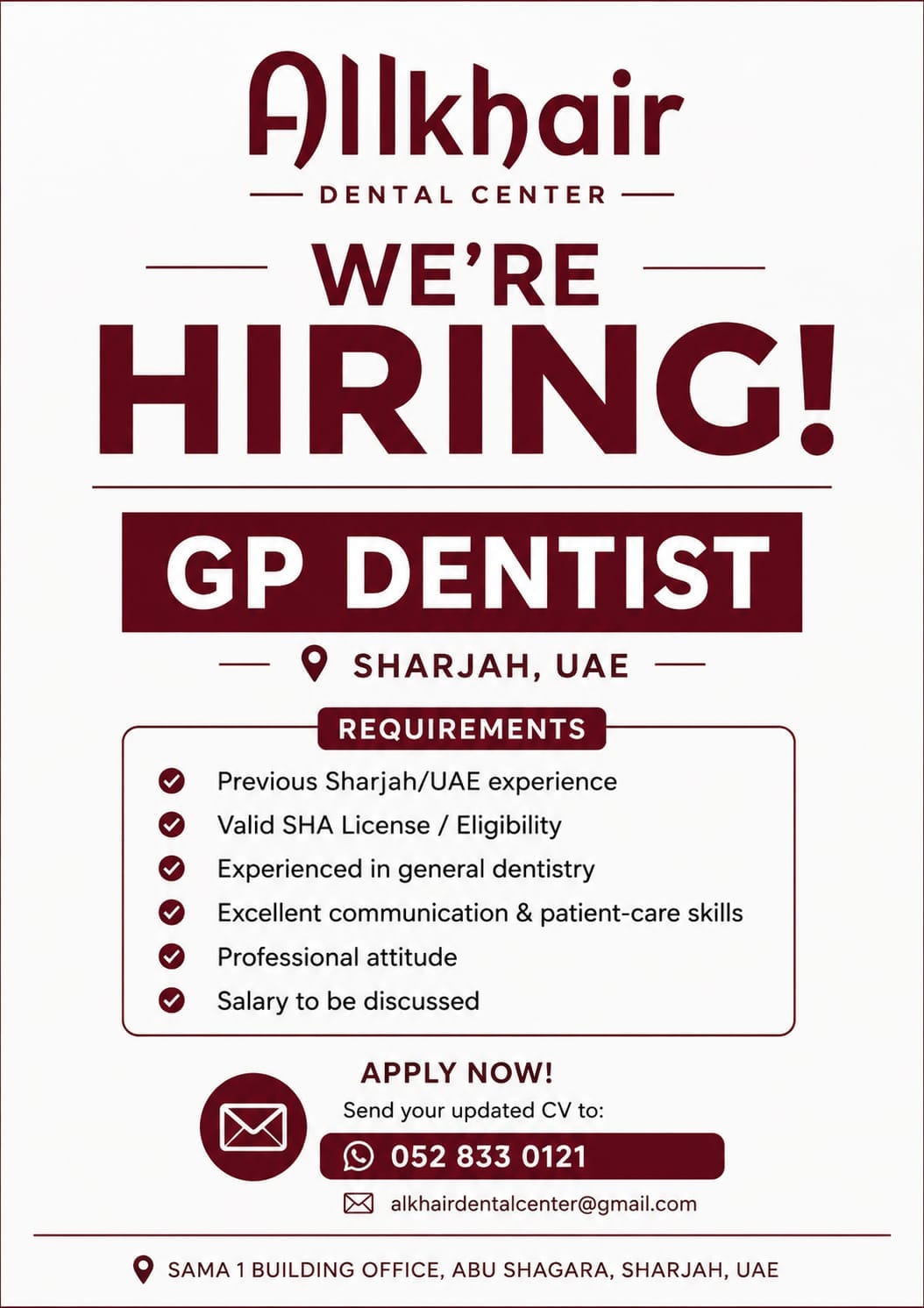 Allkhair Dental Center Hiring GP Dentists – Sharjah - Flyer