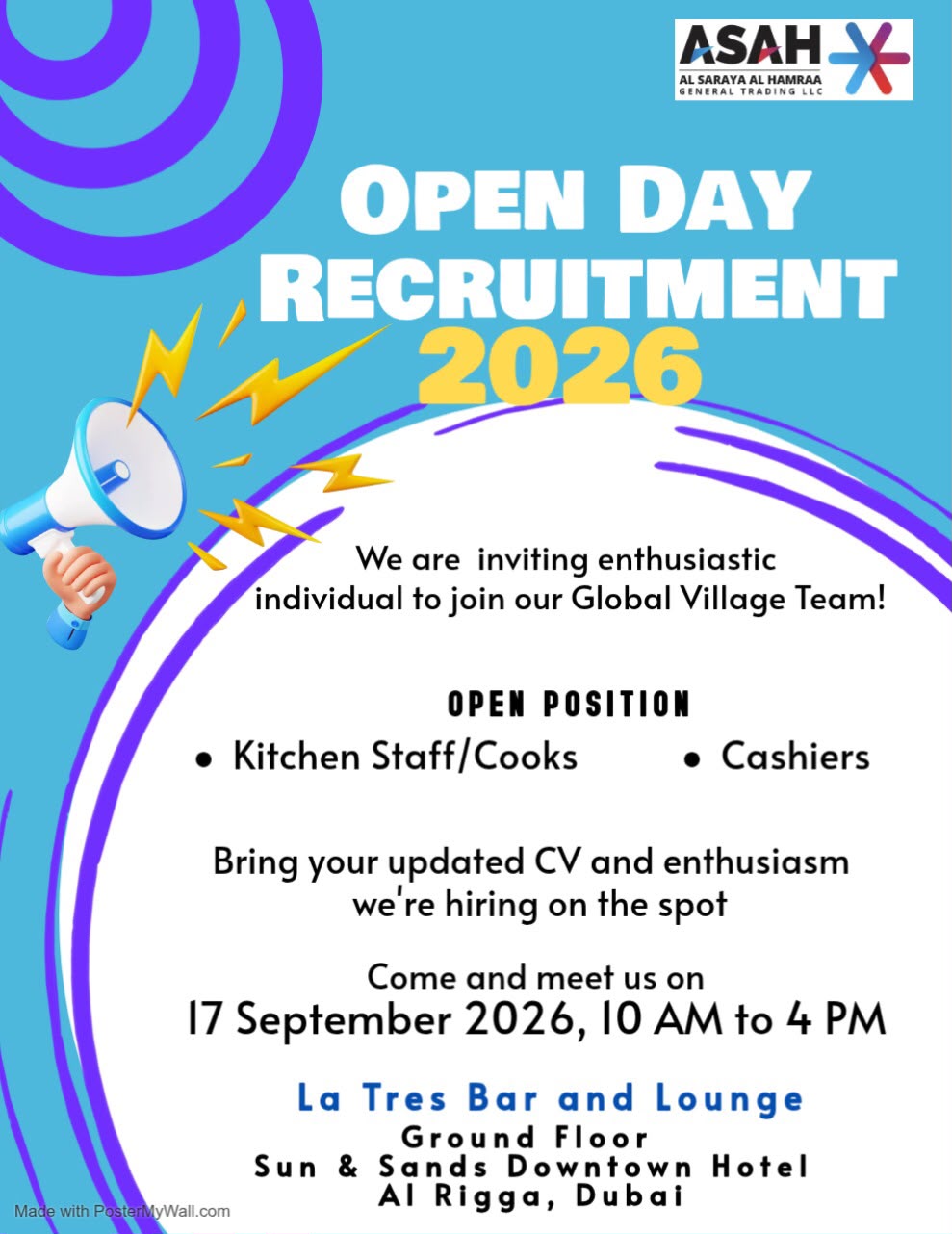 📍 Walk-In Interview - ASAH Al Saraya Al Hamraa Hiring Kitchen Staff and Cashiers – Dubai - Walk-In Interview Flyer