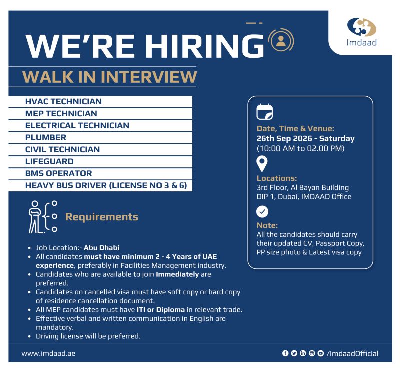 π Walk-In Interview - Imdaad Hiring Technicians & Drivers β Abu Dhabi / Dubai - Walk-In Interview Flyer