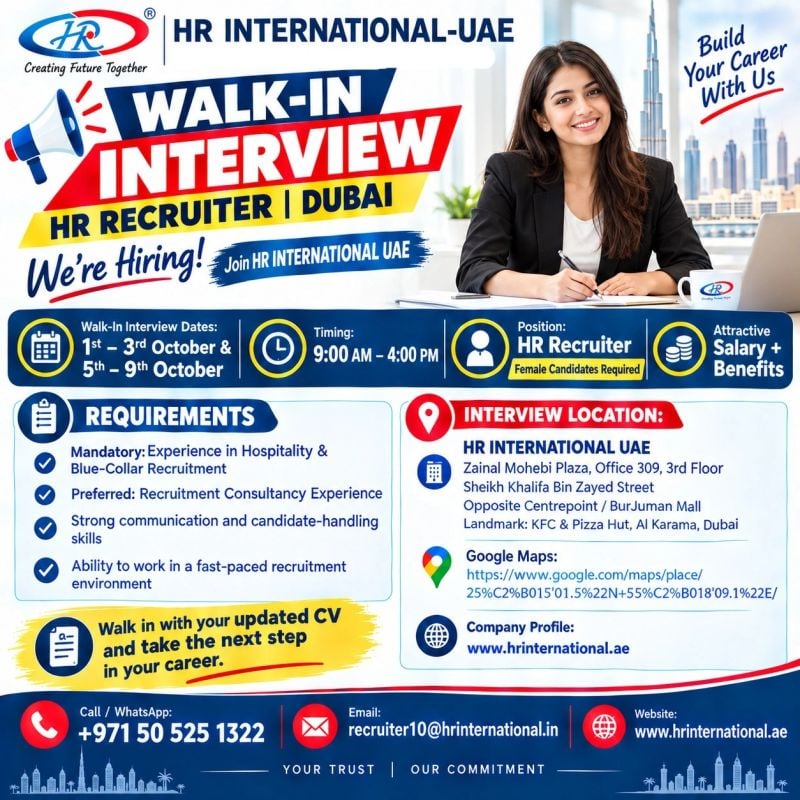 📍 Walk-In Interview - HR International UAE Hiring HR Recruiters – Dubai - Walk-In Interview Flyer