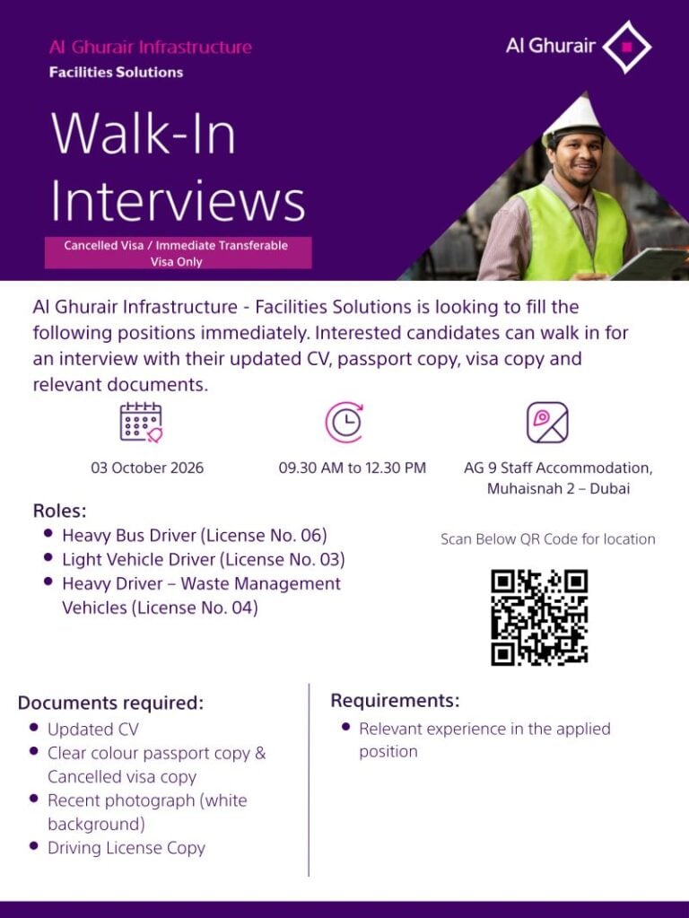 📍 Walk-In Interview - Al Ghurair Infrastructure Hiring Drivers – Dubai - Walk-In Interview Flyer
