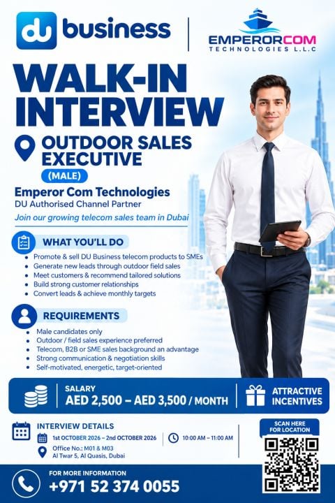 📍 Walk-In Interview - Emperor Com Technologies Hiring Outdoor Sales Executives – Dubai - Walk-In Interview Flyer