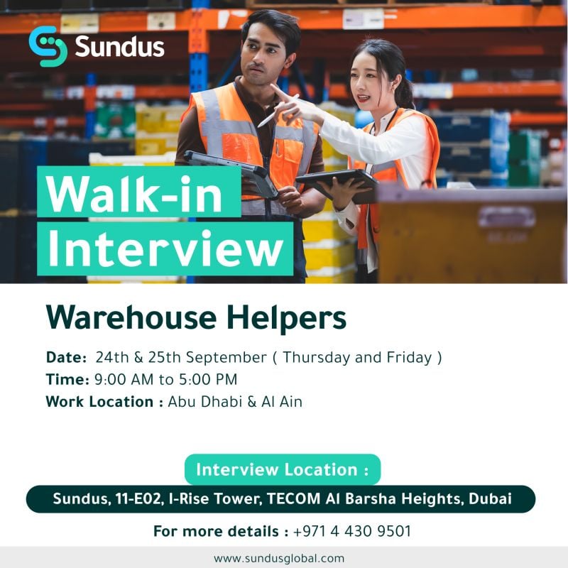 📍 Walk-In Interview - Sundus Hiring Warehouse Helpers – Abu Dhabi & Al Ain - Walk-In Interview Flyer