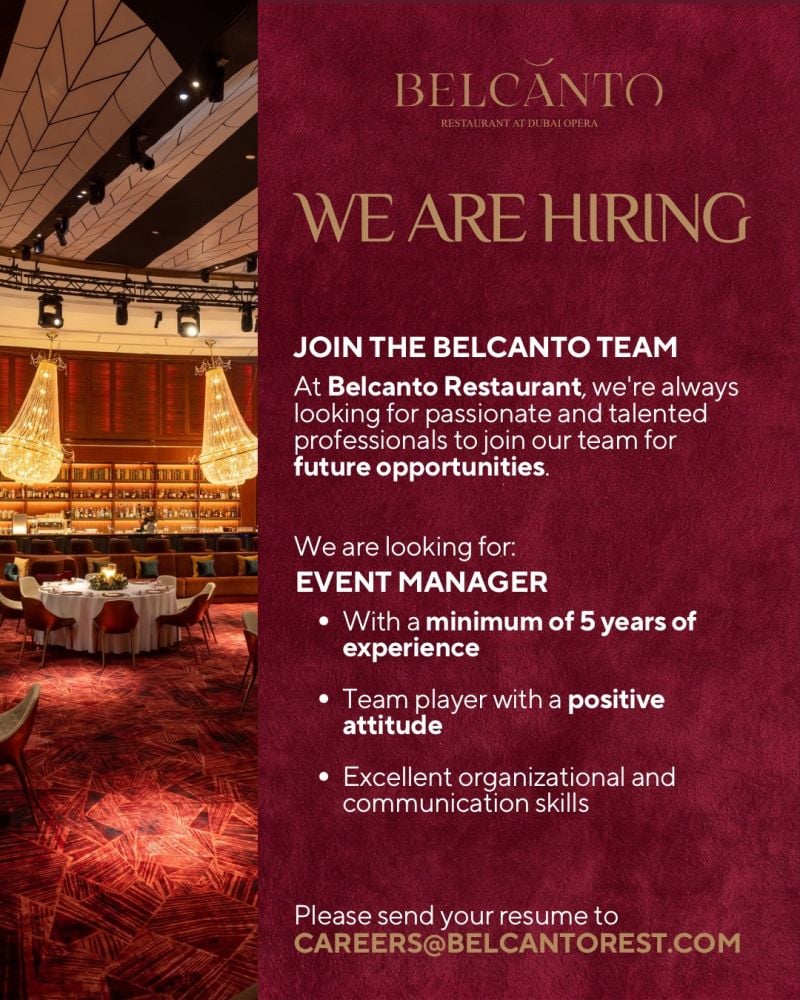 Belcanto Restaurant Hiring Event Managers – Dubai - Flyer