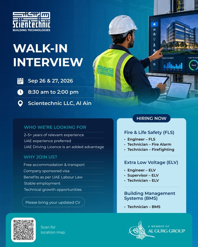 π Walk-In Interview - Scientechnic Hiring Technicians and Engineers β Al Ain - Walk-In Interview Flyer
