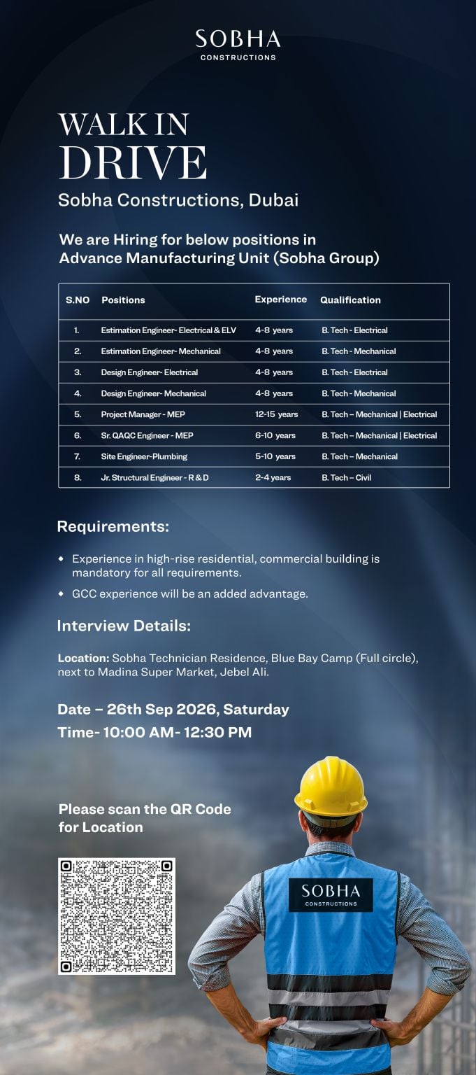 📍 Walk-In Interview - Sobha Constructions Hiring Engineers and Managers – Dubai - Walk-In Interview Flyer