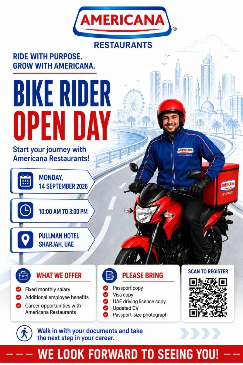 📍 Walk-In Interview - Americana Restaurants Hiring Bike Riders – Sharjah - Walk-In Interview Flyer