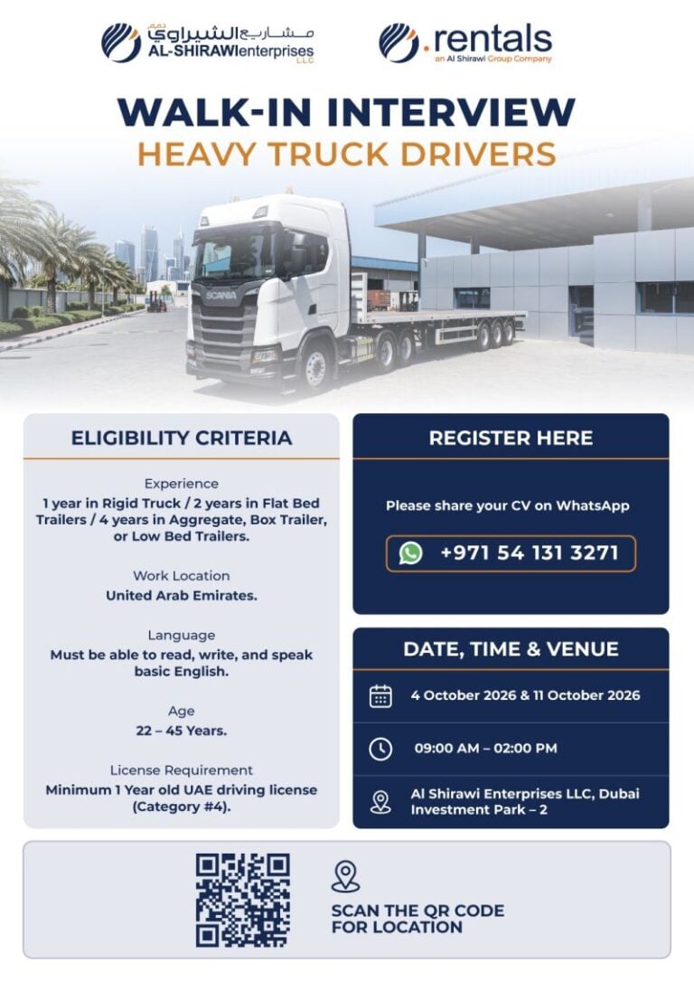📍 Walk-In Interview - Al Shirawi Enterprises Hiring Heavy Truck Drivers – Dubai - Walk-In Interview Flyer