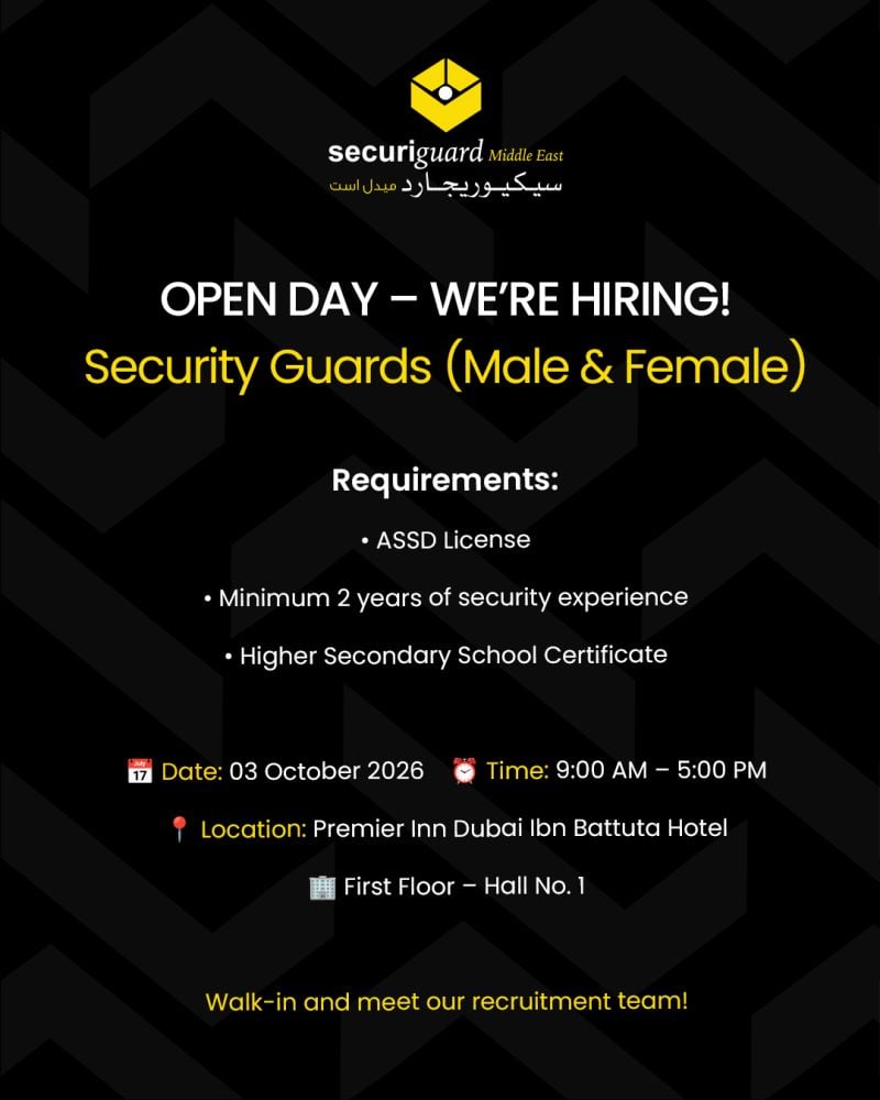 π Walk-In Interview - Securiguard Middle East Hiring Security Guards β Dubai - Walk-In Interview Flyer