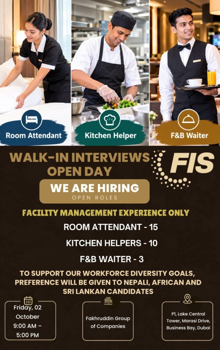 📍 Walk-In Interview - Fakhruddin Group Hiring Room Attendant, Kitchen Helper and F&B Waiter – Dubai - Walk-In Interview Flyer