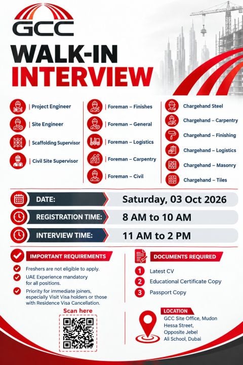 π Walk-In Interview - GCC Hiring Construction Engineers and Supervisors β Dubai - Walk-In Interview Flyer