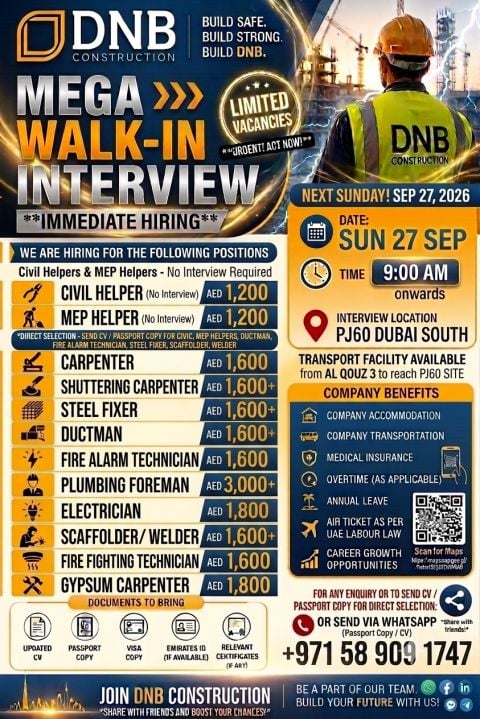 📍 Walk-In Interview - DNB Construction Hiring Construction Workers – Dubai - Walk-In Interview Flyer