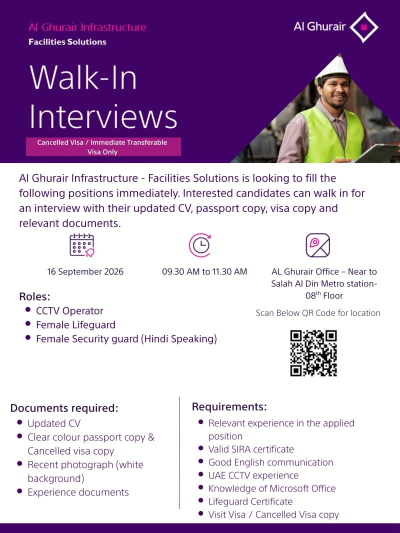 π Walk-In Interview - Al Ghurair Infrastructure Hiring CCTV Operator and Security Guard β Dubai - Walk-In Interview Flyer