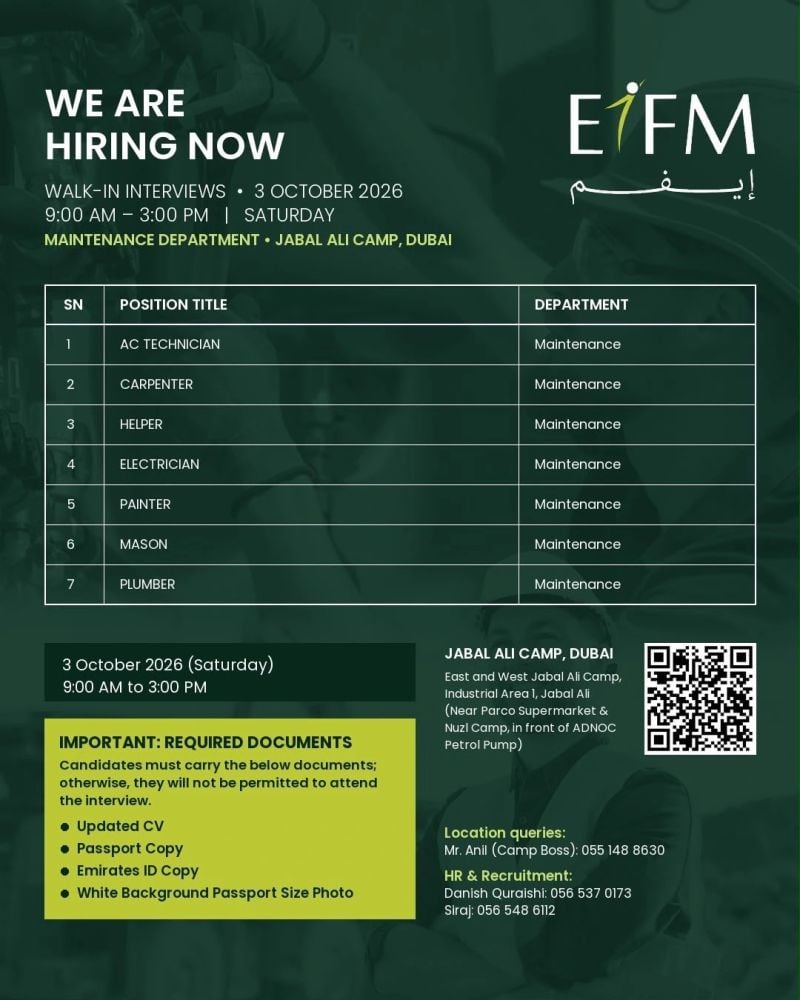 📍 Walk-In Interview - EIFM Hiring Maintenance Technicians – Dubai - Walk-In Interview Flyer