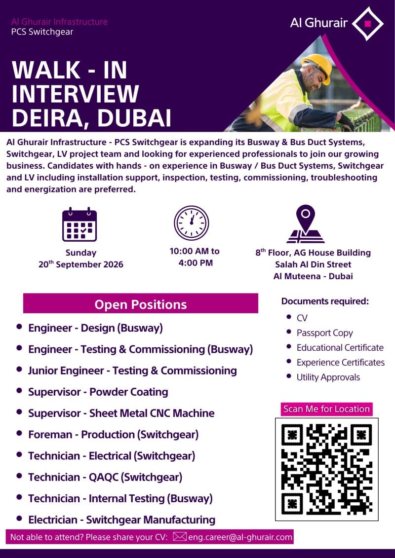 π Walk-In Interview - Al Ghurair Infrastructure Walk-In Interview in Deira Dubai β Deira, Dubai - Walk-In Interview Flyer