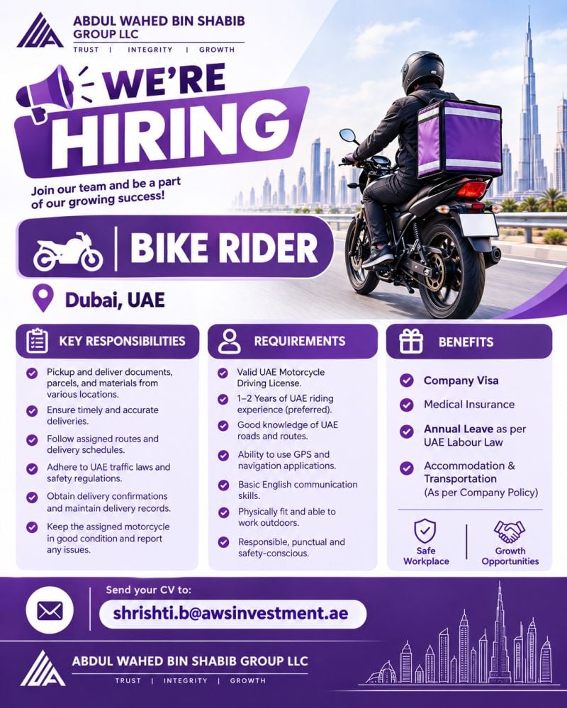 Abdul Wahed Bin Shabib Group LLC Hiring Bike Riders – Dubai - Flyer