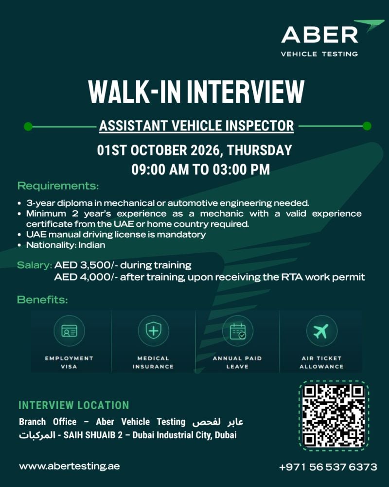 📍 Walk-In Interview - Aber Vehicle Testing Hiring Assistant Vehicle Inspector – Dubai - Walk-In Interview Flyer