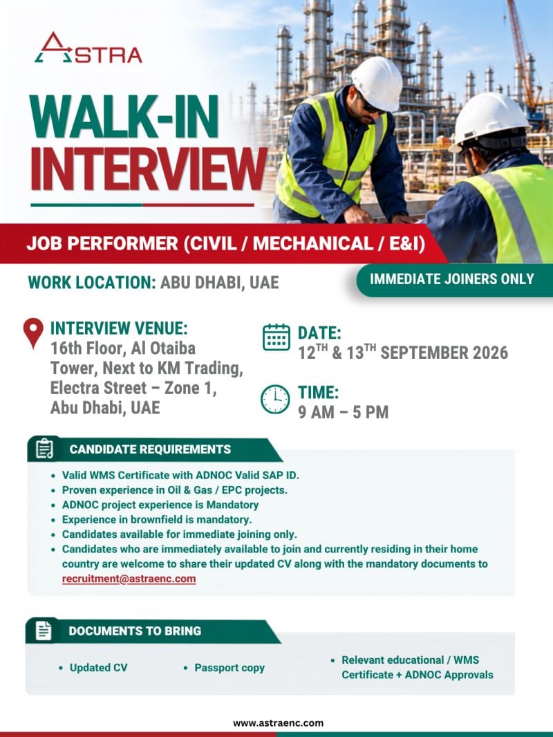 π Walk-In Interview - Astra Hiring Job Performers β Abu Dhabi - Walk-In Interview Flyer
