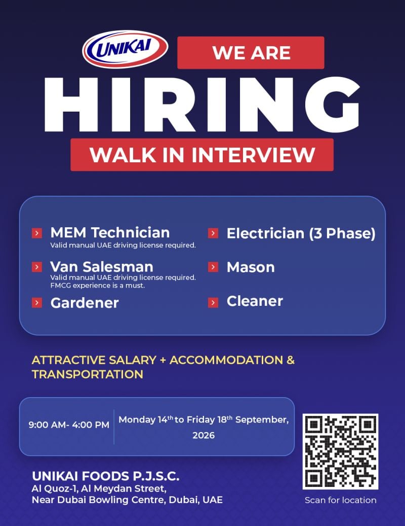 📍 Walk-In Interview - Unikai Foods P.J.S.C. Hiring Walk-In Interview – Dubai - Walk-In Interview Flyer