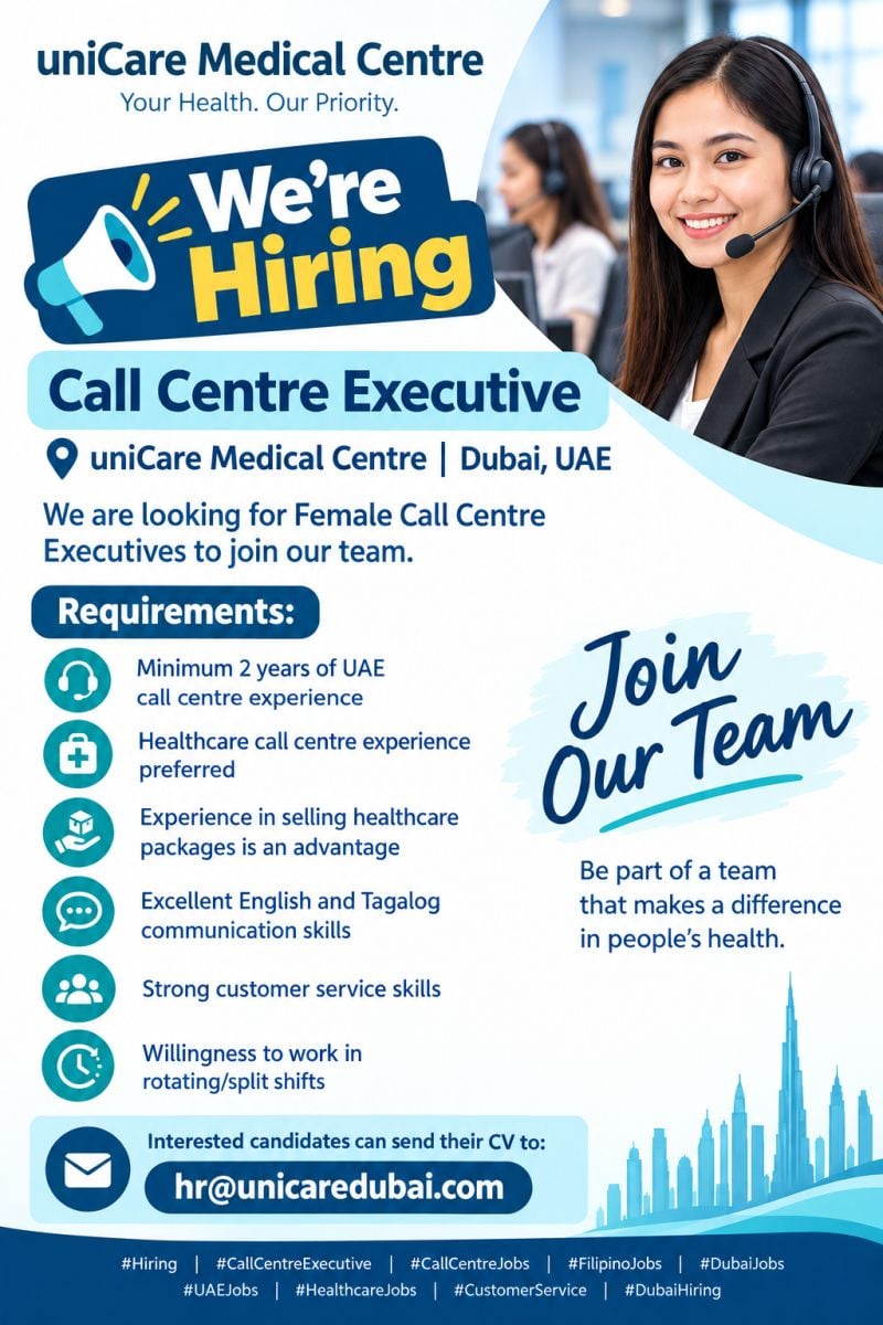 uniCare Medical Centre Hiring Call Centre Executives – Dubai - Flyer